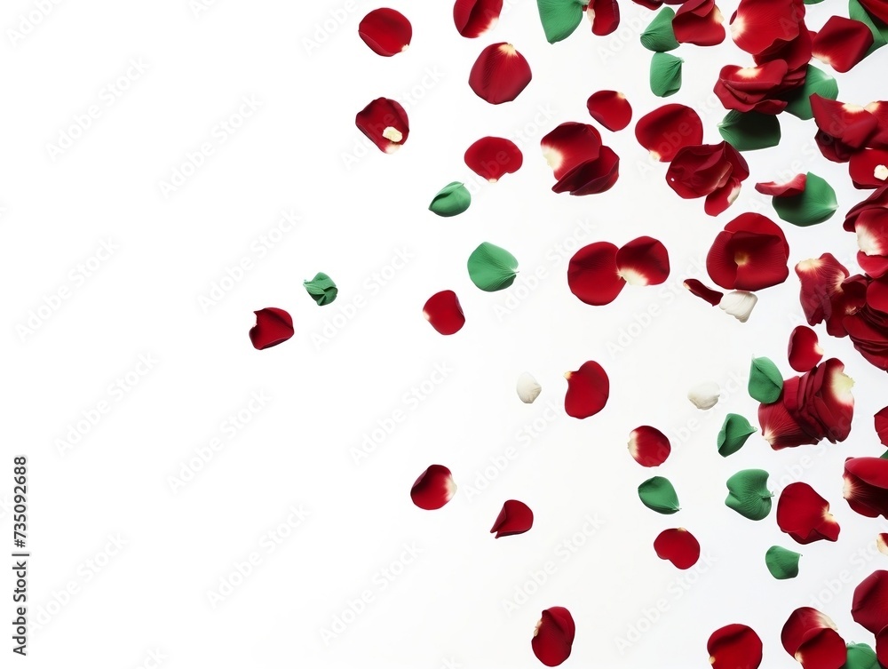 Beautiful falling red rose petals falling white background
