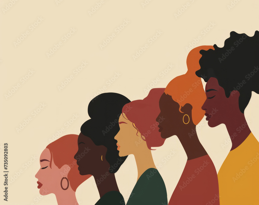 Diversity, freedom and equality with a group of woman together in a crowd or illustration as a poster. Peace, community or human rights with an image of different people and women on a color backdrop