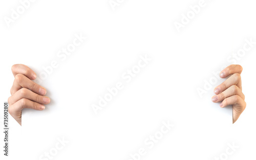 Hands holding a white blank board isolated on transparent background, png file © Delphotostock