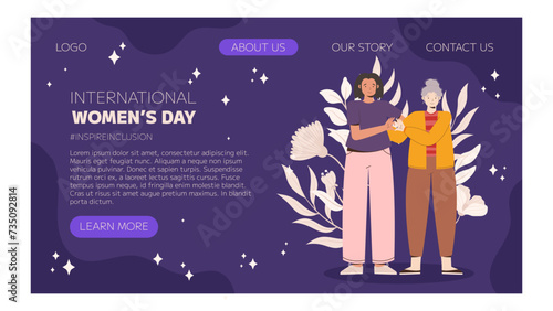 IWD Inspire Inclusion campaign, International Women's Day 2024 Landing page template features a diversity of women making heart gesture with their hands. Vector hand drawn illustration in flat style