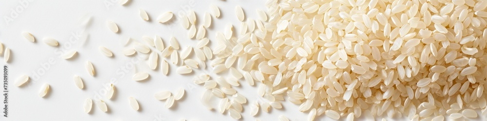 rice grains isolated on white background. Top view. Flat lay rice grains isolated on white background. Top view. Flat lay