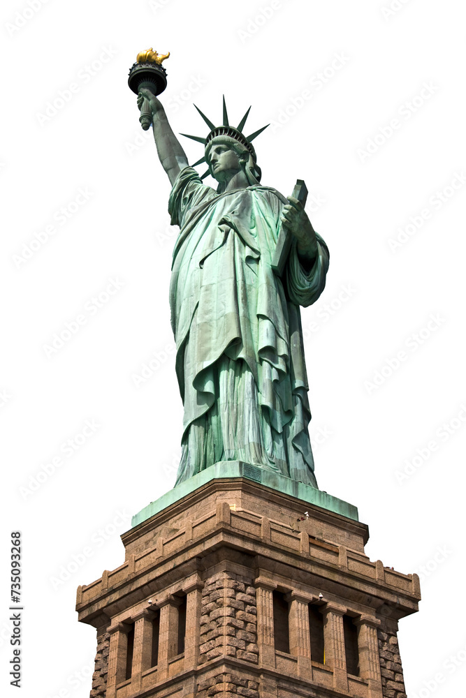 Close up of the statue of liberty with her pedestal, New York City, USA - Isolated on transparent background, png file