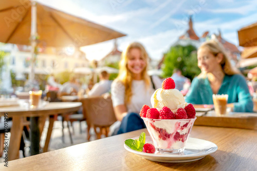 Eisbecher mit Himbeeren im Hintergrund ein Eiscafé 