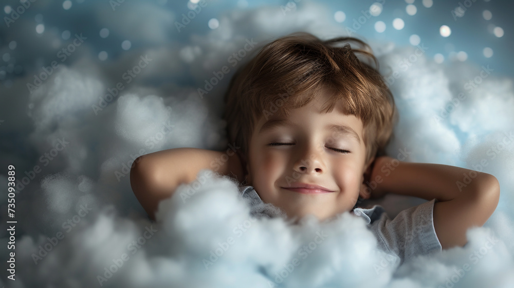 Cute boy sleeping on the cloud. 