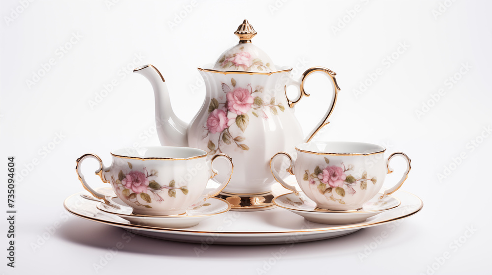 Classic Porcelain Tea Set with Floral Patterns and Gold Trims Classic Porcelain Tea Set with Floral Patterns and Gold Trims