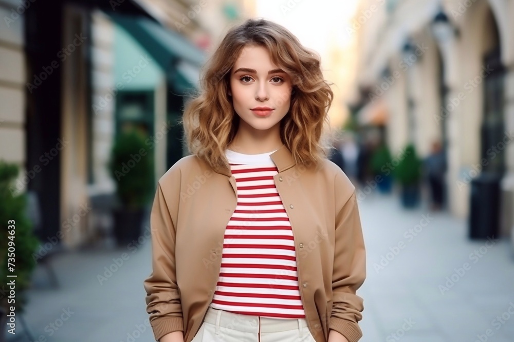 Emotions, people, beauty and lifestyle concept - Girl Frenchwoman. Street photo of young woman wearing stylish classic clothes. Female fashion concept. French style.