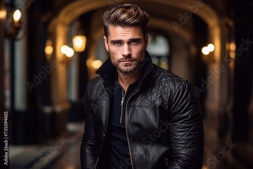 Stylish and handsome man fashionable hairstyle black jacket luxury