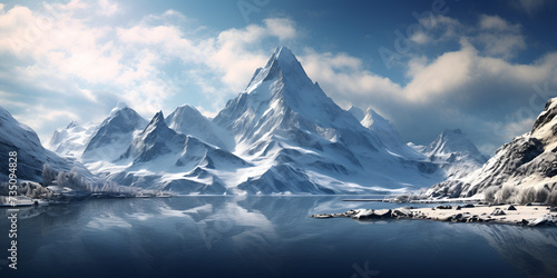 A snowy mountain range with a lake surrounded by snow covered mountains in the fore ground and a cloudy sky in the background Ai Generative