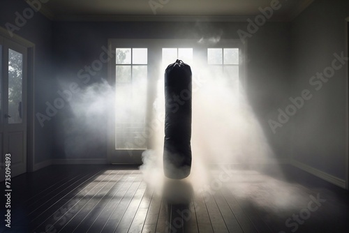 Punching bag in empty room filled with smoke