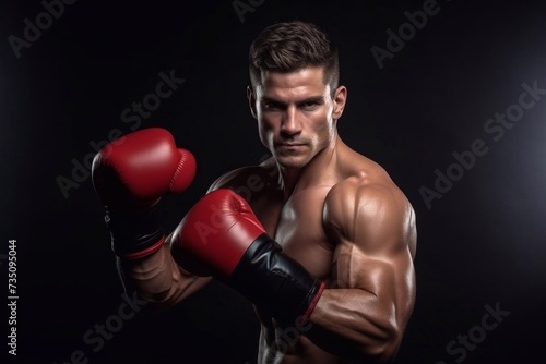 Handsome and strong muscular man punching a bag with boxing gloves on a black background. Sports, boxing. © Ирина Курмаева
