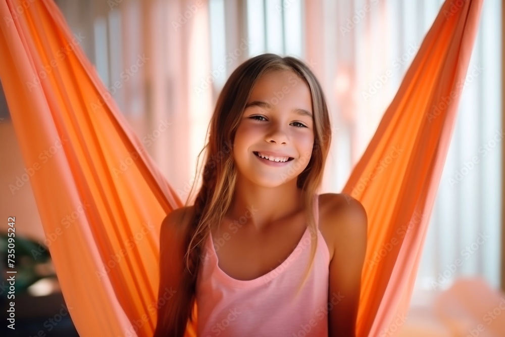 
Young smiling girl practice in aero stretching swing in hammock in fitness club. kids Aerial flying yoga exercises - obrazy, fototapety, plakaty 