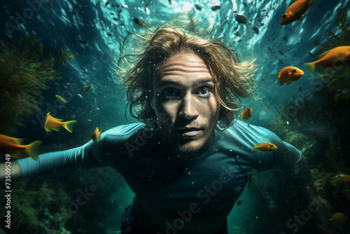 AI generated picture of a sporty person swimming underwater diving exploring the sea or ocean