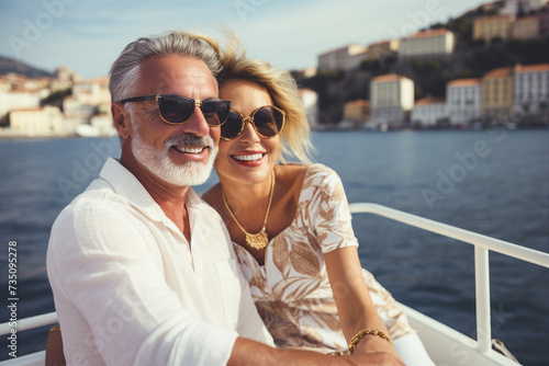 AI generated picture of romantic vacation beautiful young couple relaxing on a luxury yacht in open sea