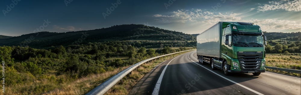 Obraz premium Eco-friendly electric truck on highways, green energy logistics, rapid delivery service, sustainability concept, website header, copy space. Generative AI