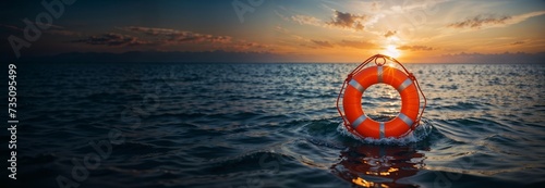 Lifebuoy drifting on the sea, symbol of safety and security, metaphor for overcoming adversity, concept of finding refuge in troubled times, website header, copy space. Generative AI