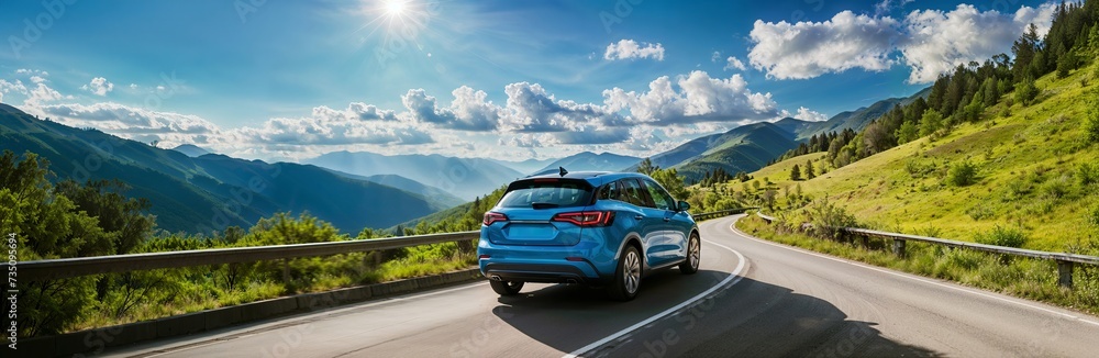 Naklejka premium Electric car driving through scenic nature, eco-friendly technology, green energy, nature-technology synergy, website header, copy space. Generative AI