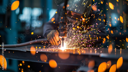 Sparks fly as a fitterwelder expertly joins two pieces of metal together with a welding torch creating a strong and durable bond. © Justlight