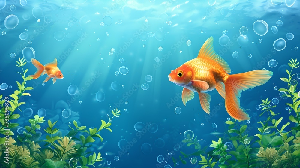 Beautiful goldfish swimming in vibrant underwater scene. ideal for children's book illustration. serene and playful aquatic life. AI