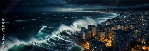 Massive wave engulfing city, tsunami disaster, emergency response, crisis management, website header, copy space. Generative AI photo