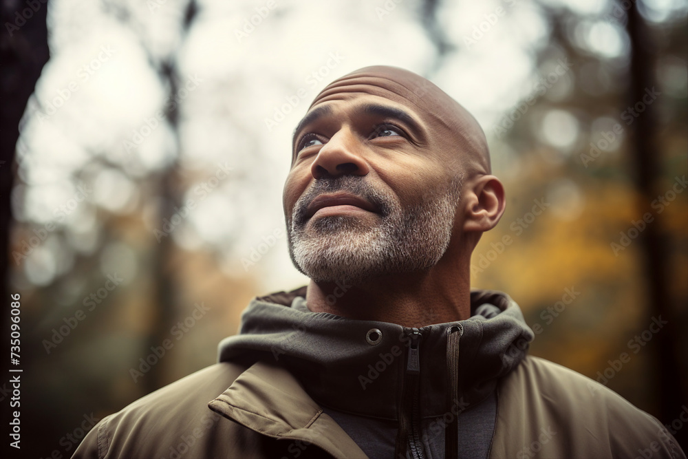 Portrait of happy person enjoying walk in forest fresh air and nice weather generative AI Portrait of happy person enjoying walk in forest fresh air and nice weather generative AI