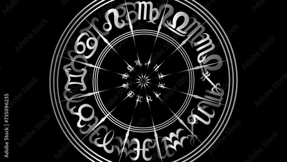 Animated Round Frame with Zodiac Sign. Black and White Horoscope Symbol. Geometric Abstract Rotating Texture in Perspective. Loop Seamless Stock Footage. 3D Graphic Animated Round Frame with Zodiac Sign. Black and White Horoscope Symbol. Geometric Abstract Rotating Texture in Perspective. Loop Seamless Stock Footage. 3D Graphic