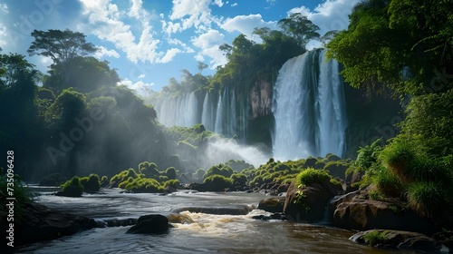Majestic waterfalls surrounded by lush forest. ideal for landscape design and travel themes. tranquil scenery captured in vibrant nature style. AI