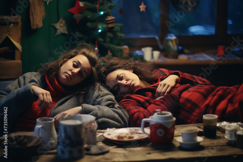 Young friends people sleep after party, cozy winter evening, home pleasant meetings, Christmas. girls, guy, cup of tea in hands, warm clothes