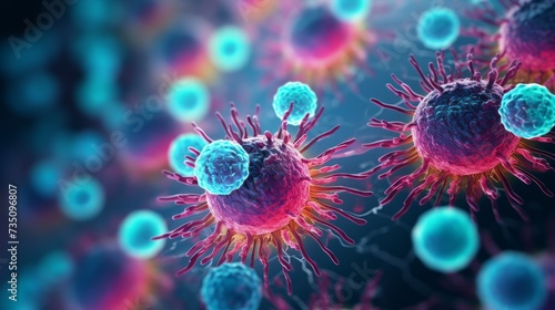 Close-up of macro photos of viruses and bacteria under a microscope in a medical and research laboratory. Microbiology  biology  center for the study of diseases such as AIDS  HIV  cancer.