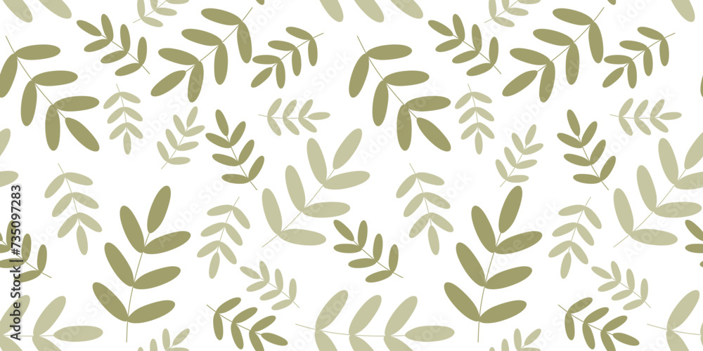 Vector Seamless Pattern with Green Acacia Leaves on White. Vector Flat Foliage Endless background for Textile, Fabric, Wrapping, Wallpaper. Botany Decoration with Foliage, Spring Garden Template