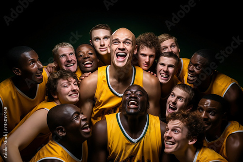 Portrait of young basketball players together group photo joyful team in uniform multinational Africans Europeans Caucasians man wearing orange sportswear looking at camera Sport competition concept photo