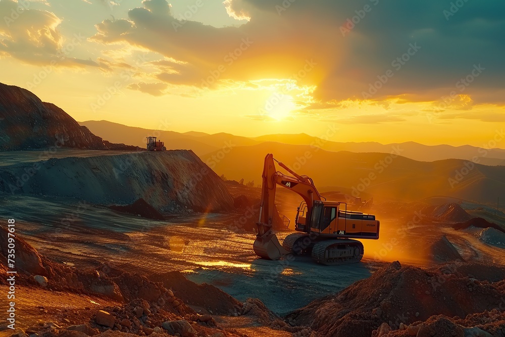 Excavator in open pit mining Excavator on earthmoving on sunset Loader on excavation Earth Moving Heavy Equipment Earth mover ar construction site Backhoe Loader on Road construction Excavator in open pit mining Excavator on earthmoving on sunset Loader on excavation Earth Moving Heavy Equipment Earth mover ar construction site Backhoe Loader on Road construction