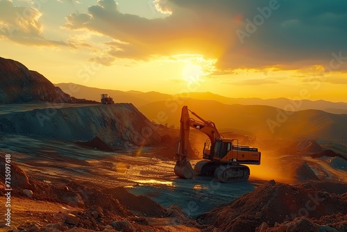 Excavator in open pit mining Excavator on earthmoving on sunset Loader on excavation Earth Moving Heavy Equipment Earth mover ar construction site Backhoe Loader on Road construction