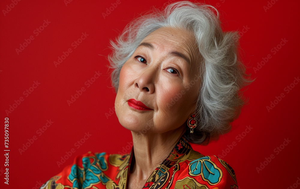 An expressive photograph featuring a multiracial older woman with grey hair against a vibrant red background.