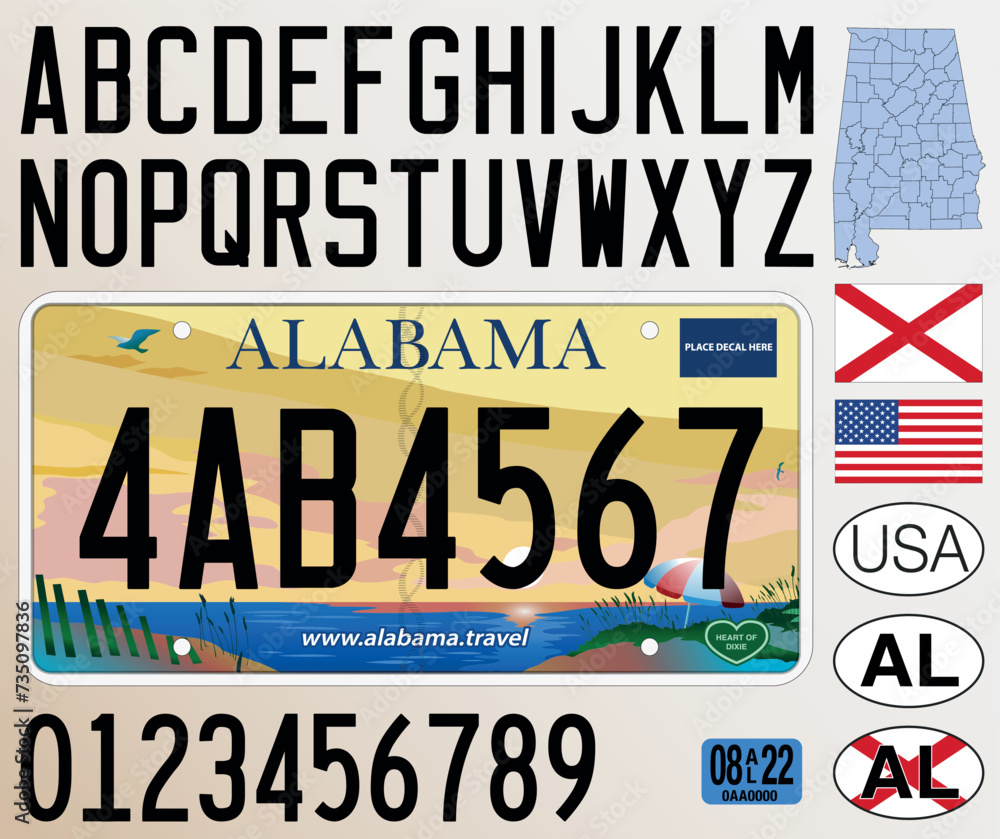 Alabama car license plate pattern, letters, numbers and symbols, vector illustration, USA