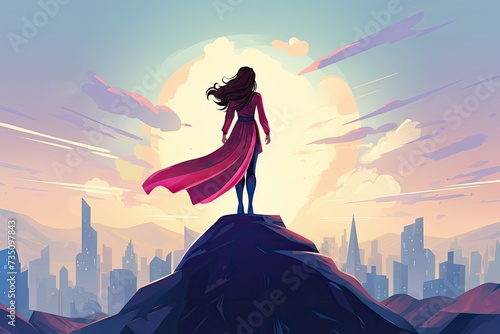 hero woman with cape stand on a cliff illustration