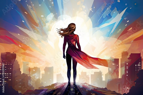 hero woman with cape stand on a cliff illustration photo