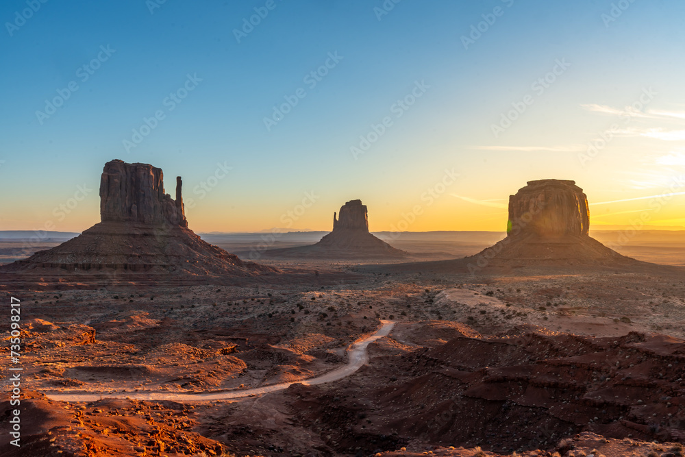 Panoramic at the beautiful sunrise in Monument Valley, Utah. United Stated
