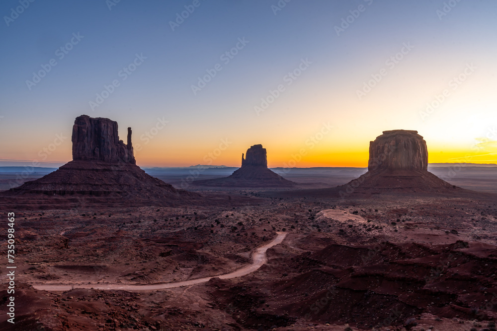 Panoramic at the beautiful sunrise in Monument Valley, Utah. United Stated