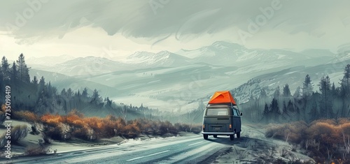 Sunset road travel withan old van. Interior and the road with amazing sky outside. AI generated illustration © moon