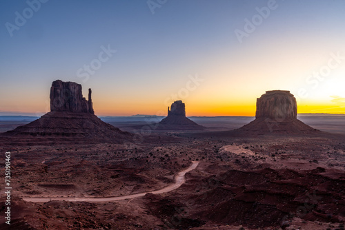 Panoramic at the beautiful sunrise in Monument Valley, Utah. United Stated