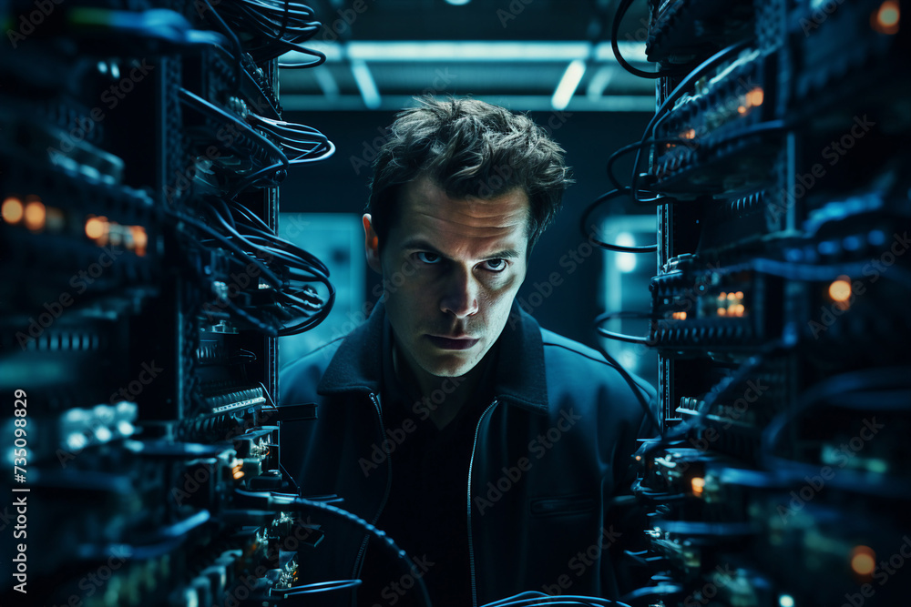Experienced hacker in action breaking software protection server code Generative Ai image pic Experienced hacker in action breaking software protection server code Generative Ai image pic