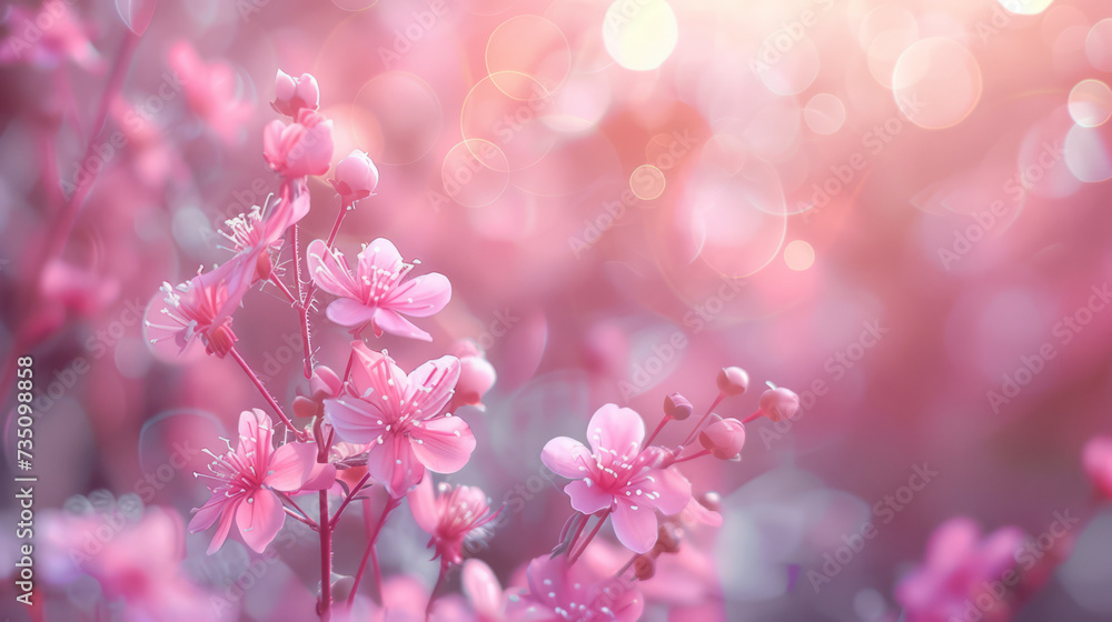 Delicate Pink Flowers Amidst Soft Bokeh Lights, Clusters of delicate pink flowers in soft focus, surrounded by ethereal bokeh light on a dreamy pink background.
