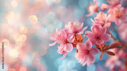 Delicate Cherry Blossoms with Soft Bokeh, Close-up of cherry blossoms in soft pink, with a dreamy bokeh effect on a gentle blue background. © Nongkran