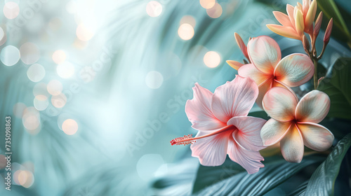Ethereal Plumeria Flowers with Bokeh Lights  Plumeria flowers exhibiting their delicate beauty against a backdrop of ethereal blue bokeh lights.