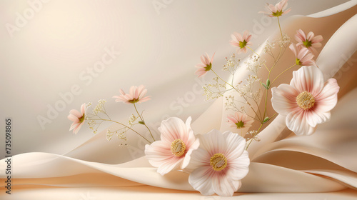 Elegant Flowers with Soft Fabric Drapery  Elegant soft pink flowers arranged on undulating satin fabric  creating a smooth  graceful composition.