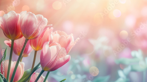 Tulips with Pastel Tones and Light Flares, Soft pastel tulips glowing with light flares, creating a delicate and romantic spring atmosphere.