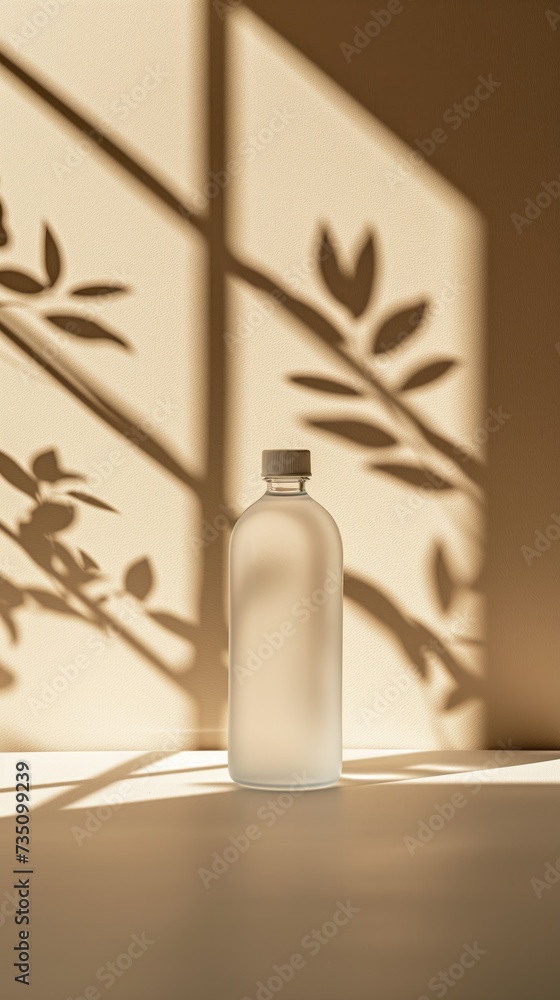 Empty white plastic or Glass Bottle mock-up with leaf shadows and sunlight in minimal style. Empty white plastic or Glass Bottle mock-up with leaf shadows and sunlight in minimal style.
