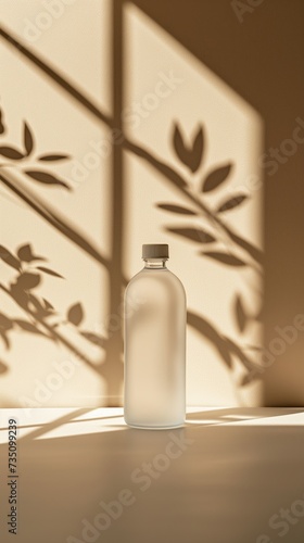Empty white plastic or Glass Bottle mock-up with leaf shadows and sunlight in minimal style.