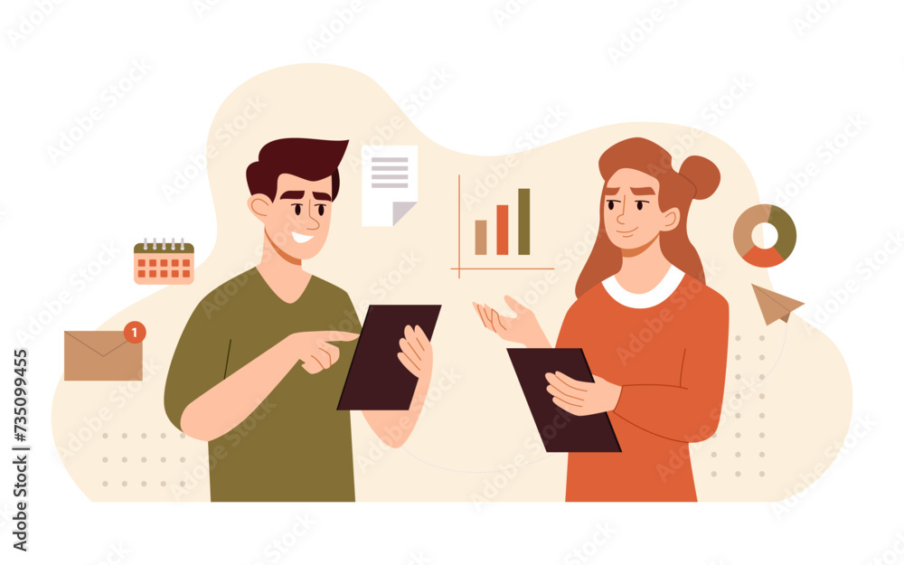 Teamwork in Office. Employees, Coworkers Discuss a New Project, Generate Ideas, Talk, Barinstorm, Creative Team. Man and Woman Talk Discussion. Modern Vector Illustration in Flat Style. Teamwork in Office. Employees, Coworkers Discuss a New Project, Generate Ideas, Talk, Barinstorm, Creative Team. Man and Woman Talk Discussion. Modern Vector Illustration in Flat Style.
