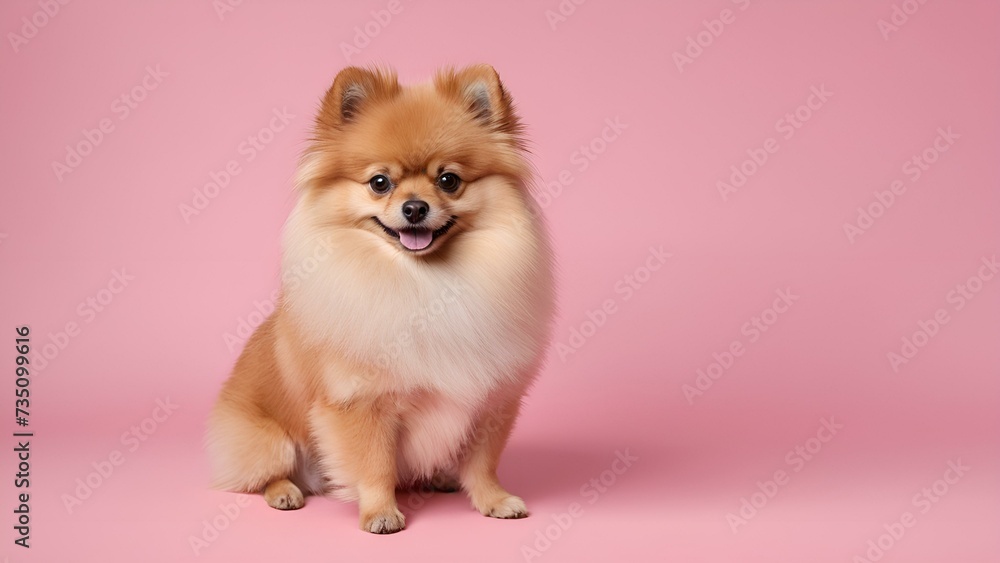 German Pomeranian on a pink background, with space to copy